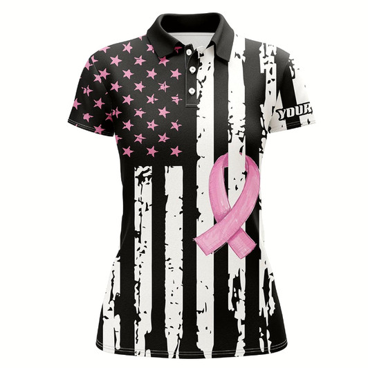 Goofygear Pink Ribbon American Flag Patriotic Women Golf Polo Shirts Custom Breast Cancer Awareness Golf Shirts
