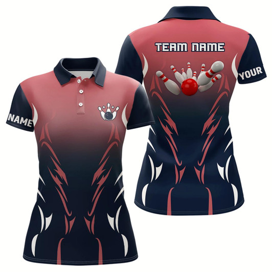 Goofygear Women Bowling Polo Shirts Custom Navy And Red Retro Bowling Team Shirts, Custom Bowling Jerseys