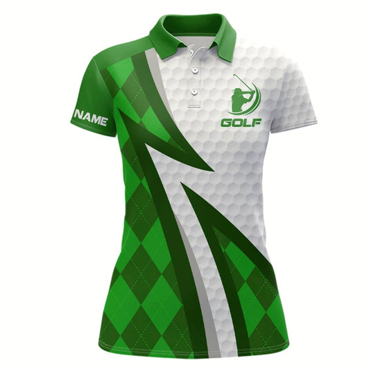 Goofygear Women Golf Polo Shirts Custom Name Green Argyle Pattern White Golf Ball Skin Womens Golf Wears