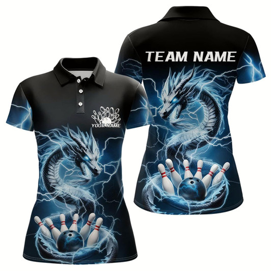 Goofygear Custom Black And Blue Thunder Lightning Dragon Bowling Polo Shirts For Women Bowling Jerseys