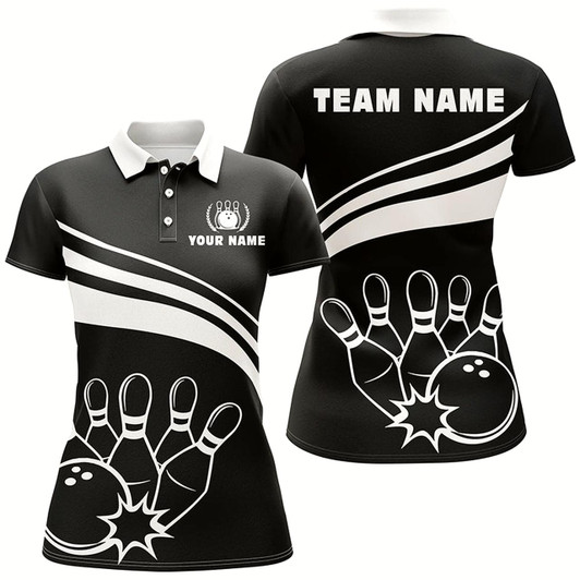 Goofygear Personalized Polo Bowling Shirts For Women, Custom Black White Womens Bowling Shirts Team Bowl Jersey