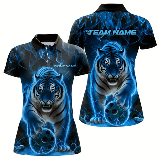 Goofygear Custom Black And Blue Flame Tiger Bowling Team Polo Shirts For Women, Fire Bowling Jersey