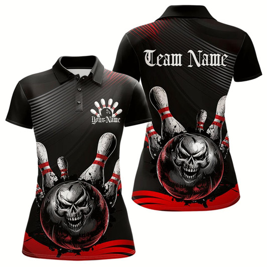 Goofygear Custom Black And Red Grunge Style Skull Bowling Polo Shirts For Women, Bowling Team Uniform