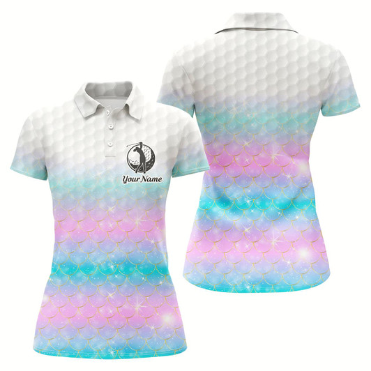 Goofygear Womens Golf Polo Shirt Rainbow Mermaid Scales Custom Name Pattern Golf Shirts, Ladies Golf Tops