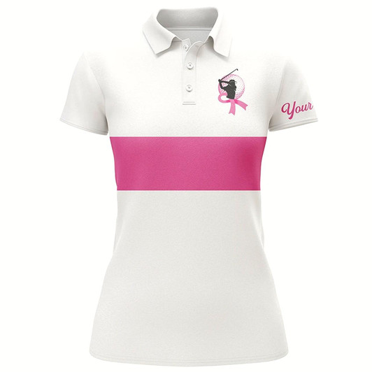 Goofygear White And Pink Breast Cancer Awareness Custom Women Golf Polo Shirt, Pink Ribbon Golf Shirts