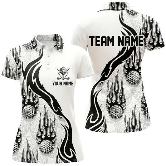 Goofygear Flame Golf Ball Black White Golf Polo Shirt Personalized Golf Shirts For Women Golfing Gifts