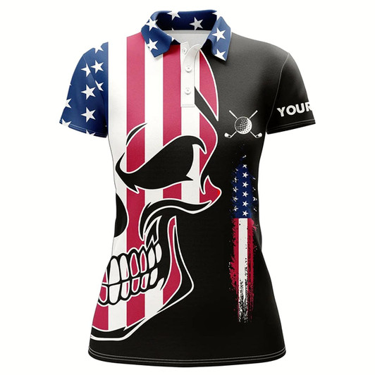 Goofygear Womens Golf Polo Shirts American Flag Patriotic Custom Skull Golf Shirts For Women, Ladies Golf Top