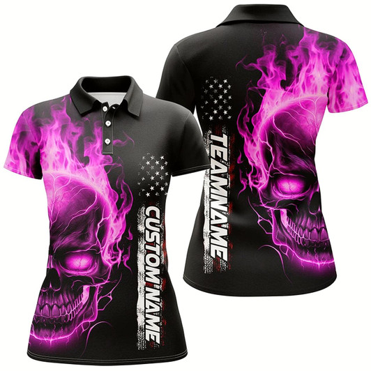 Goofygear Pink Flame Skull Custom Bowling Polo Shirts For Women, American Bowling Team Jerseys