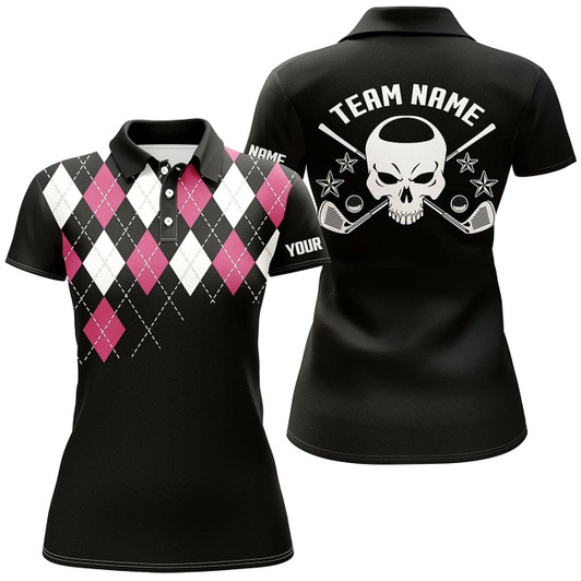 Goofygear Pink Argyle Pattern Womens Golf Polo Shirts Customized Skull Golf Shirts For Women, Ladies Golf Gifts