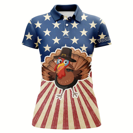 Goofygear Turkey Bird Thanksgiving American Flag Golf Polo Shirt Womens Patriotic Golf Tops Golf Gifts