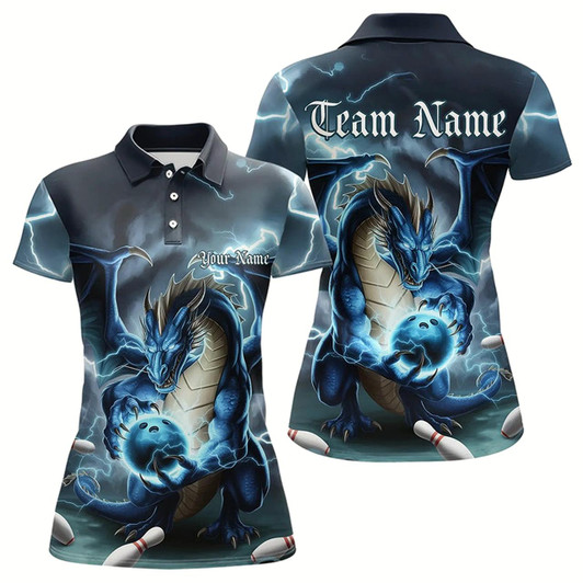 Goofygear Blue Thunder Lightning Custom Dragon Bowling Polo Shirts For Women, Bowling Team Uniform Style 2