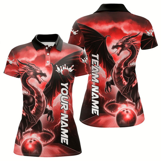 Goofygear Custom Red Thunder Lightning Dragon Bowling Polo Shirts For Women, Dragon Bowling Uniform