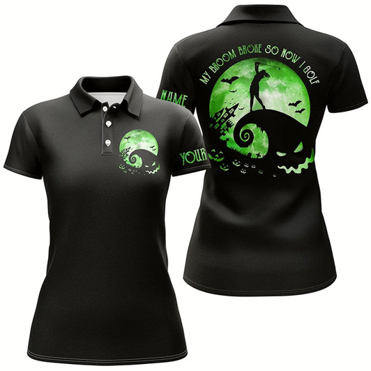 Goofygear Funny Black Green Moon Halloween Golf Shirt Custom Women Golf Polo Shirt My Broom Broke So Now I Golf