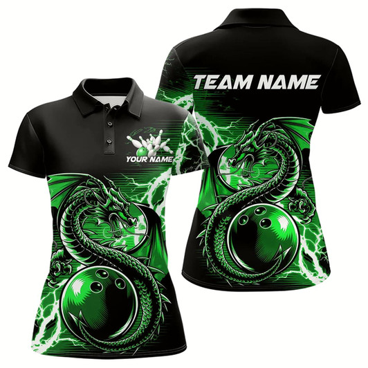 Goofygear Custom Black And Green Thunder Lightning Dragon Bowling Womens Polo Shirt, Bowlers Outfits