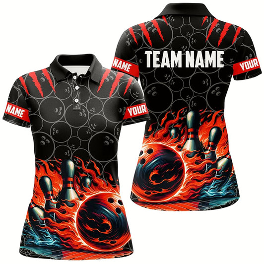 Goofygear Women Bowling Polo Shirts Custom Black Red Flame Bowling Shirt, Bowling Team Jerseys Gift For Bowlers