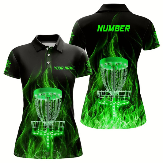 Goofygear Green Fire Flame Disc Golf Basket Polo Shirts Custom Disc Golf Shirts For Women Golf Gifts