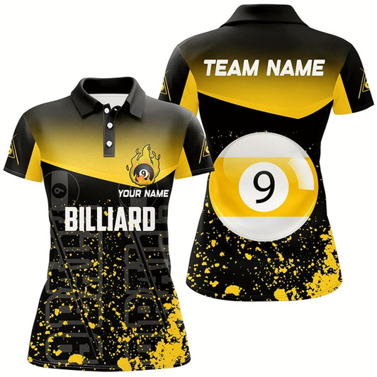 Goofygear Personalized Yellow Fire 9 Ball Pool Billiard Polo Shirts For Women, 9 Ball Billiard Team Shirts