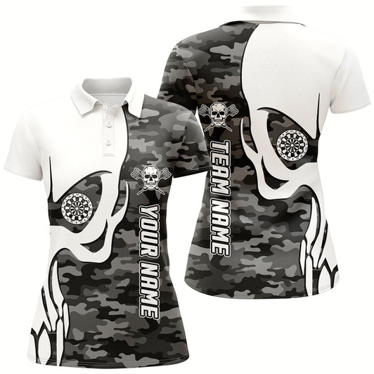 Goofygear Personalized Grey Camo Skull Darts Polo Shirt Custom Darts Shirt For Women Dart Jersey