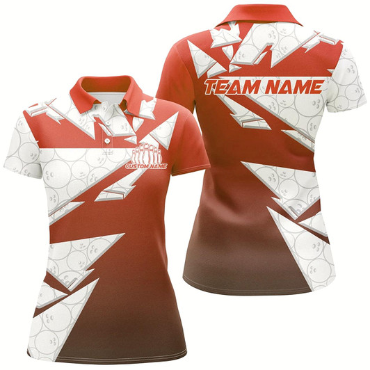 Goofygear Custom White And Orange Bowling Team Womens Polo Shirt, Bowling Ball Pattern Bowlers Outfit
