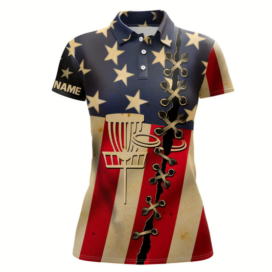 Goofygear Vintage American Flag Womens Disc Golf Polo Shirt Custom Patriotic Disc Golf Shirt