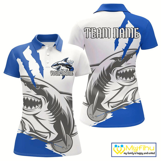 Goofygear Custom White And Blue Shark Jerseys, Shark Bowling Team Women Polo Shirts Bowlers Outfit