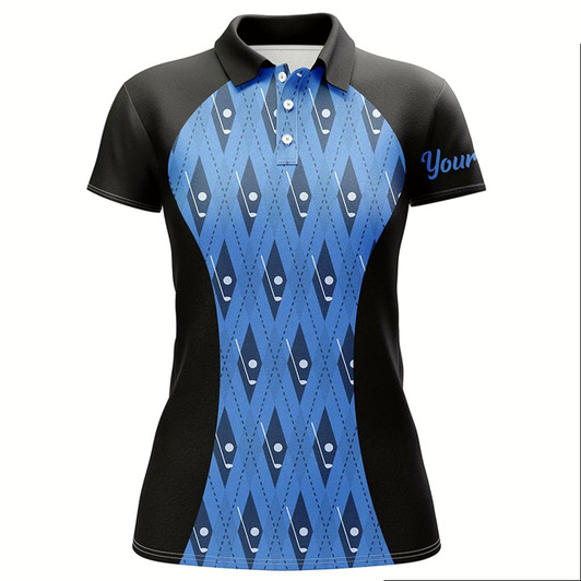 Goofygear Women Golf Polo Shirt Custom Black And Blue Argyle Pattern Golf Clubs, Team Ladies Golf Tops