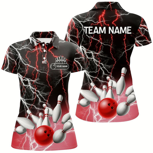 Goofygear Women Bowling Polo Shirt Custom Bowling Red Lightning Thunder Team League Jersey