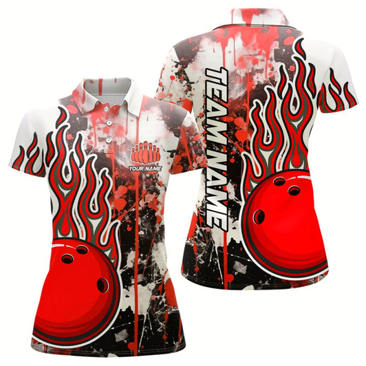 Goofygear Red Camo Flame Bowling Polo Shirts For Women Custom Bowling Team Jerseys Bowling League