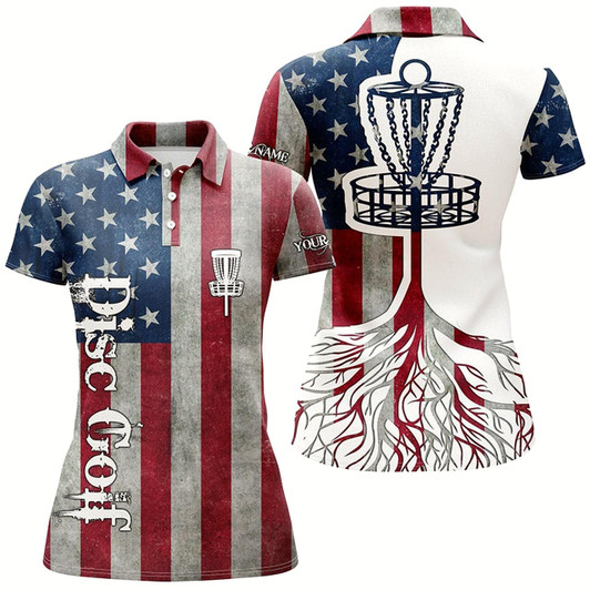 Goofygear Womens Disc Golf Polo Shirt Custom American Flag Patriotic Disc Golf Basket, Patriotic Disc Golf Shirt