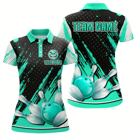 Goofygear Personalized Polo Bowling Shirts For Women Funny Turquoise Bowling Team Jersey