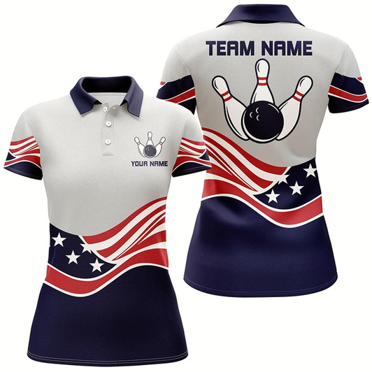 Goofygear American Flag Bowling Jersey For Women Custom Polo Bowling Shirt Patriotic Bowling Shirt For Team Style 1
