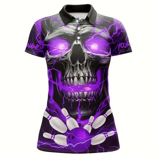 Goofygear Custom Purple Thunder Lightning Skull Bowling Team Jerseys Women Polo Shirts Bowling League