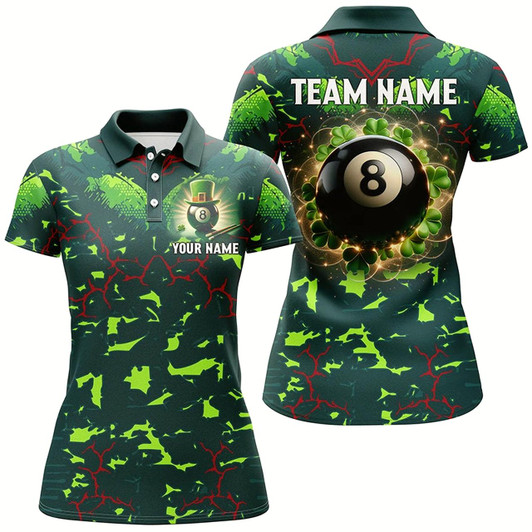 Goofygear 3D Billiard 8 Ball Luckiest Shamrock Women Polo Shirts Personalized St Patrick Day Billiard Shirts