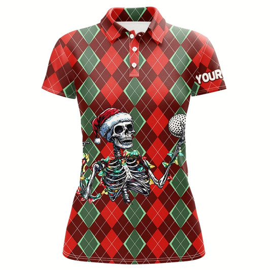 Goofygear Funny Skull Christmas Argyle Plaid Pattern Women Golf Polo Shirt Custom Christmas Ladies Golf Outfits