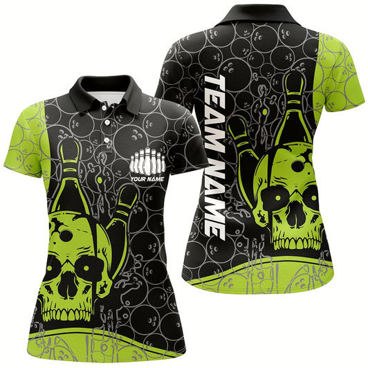 Goofygear Custom Skull Bowling Shirts For Women, Green Bowling Team Jerseys Bowling Polo Shirt