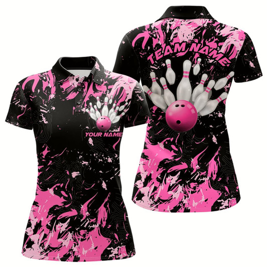 Goofygear Black And Pink Custom Bowling Team Women Polo Shirts, Bowling Ball And Pin Bowling Jerseys