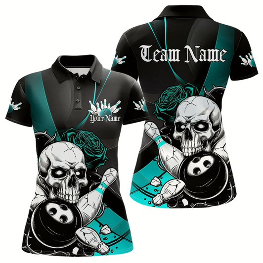 Goofygear Custom Black And Blue Roses Skull Bowling Team Polo Shirts For Women, Skull Bowling Jerseys