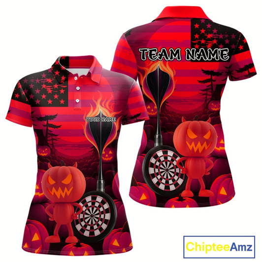 Goofygear Pumpkin Play Darts Custom Halloween Dart Polo Shirts For Women, Funny Dart Jerseys Style 1
