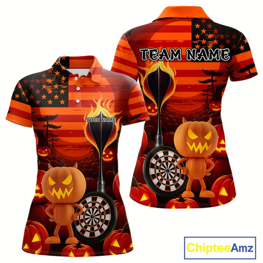 Goofygear Pumpkin Play Darts Custom Halloween Dart Polo Shirts For Women, Funny Dart Jerseys Style 2