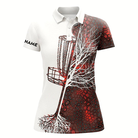 Goofygear Womens Disc Golf Polo Shirt Custom Name Red Camo Disc Golf Basket, Personalized Disc Golf Shirts