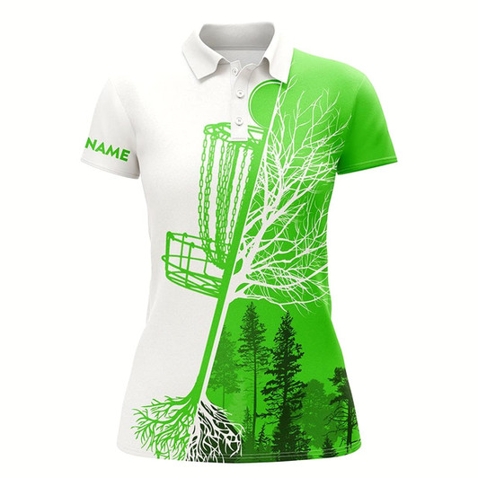 Goofygear Womens Disc Golf Polo Shirt Custom Name Green & White Disc Golf Basket, Personalized Disc Golf Shirts