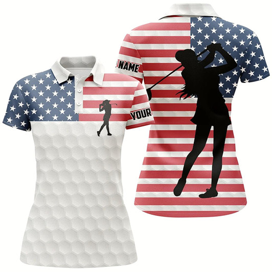 Goofygear Women Golf Polo Shirt American Flag Custom White Golf Ball Skin Patriot Golf Gifts For Women