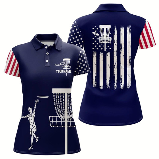 Goofygear American Flag Womens Golf Polo Shirts, Custom Patriotic Disc Golf Shirts For Women, Cool Golf Gifts