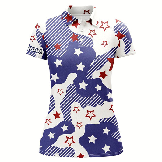 Goofygear Womens Golf Polo Shirts Red White And Blue Star Pattern Custom Golf Shirt For Womens, Golfing Gift