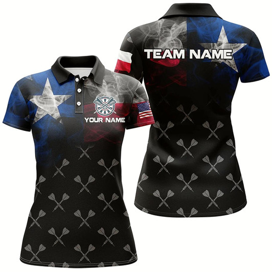 Goofygear Personalized Smoke Texas Flag Dart Polo Shirts, Custom Patriotic Darts Shirts For Women Dart Jerseys Style 1