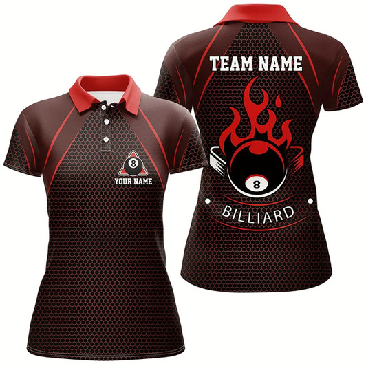 Goofygear Personalized Red Fire 8 Ball Pool Polo Shirts For Women, Custom Flame 8 Ball Billiard Team Shirts