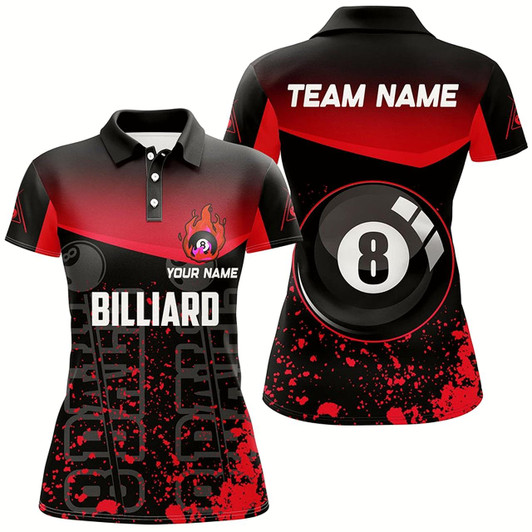 Goofygear Personalized Red Fire 8 Ball Pool Billiard Polo Shirts For Women, Custom 8 Ball Billiard Team Shirts