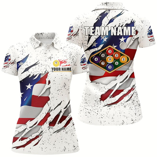 Goofygear Billiards Balls Us Flag White Grunge Custom Name Billiard Polo Shirts For Women, 9 Ball Pool Shirts
