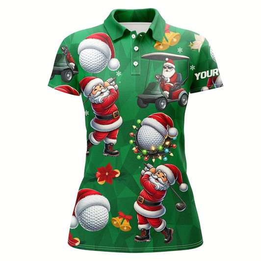 Goofygear Funny Christmas Santa Golf Green Pattern Women Golf Polo Shirt Custom Christmas Golf Tops For Ladies