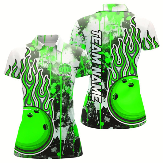 Goofygear Green Camo Flame Bowling Polo Shirts For Women Custom Bowling Team Jerseys Bowling League